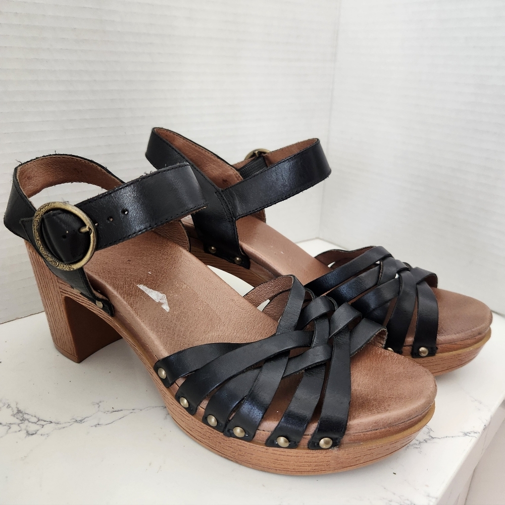 Dansko Dawson Platform Sandals Open Toe Faux Wood Black Tan EU Size 40 US 9.5-10
